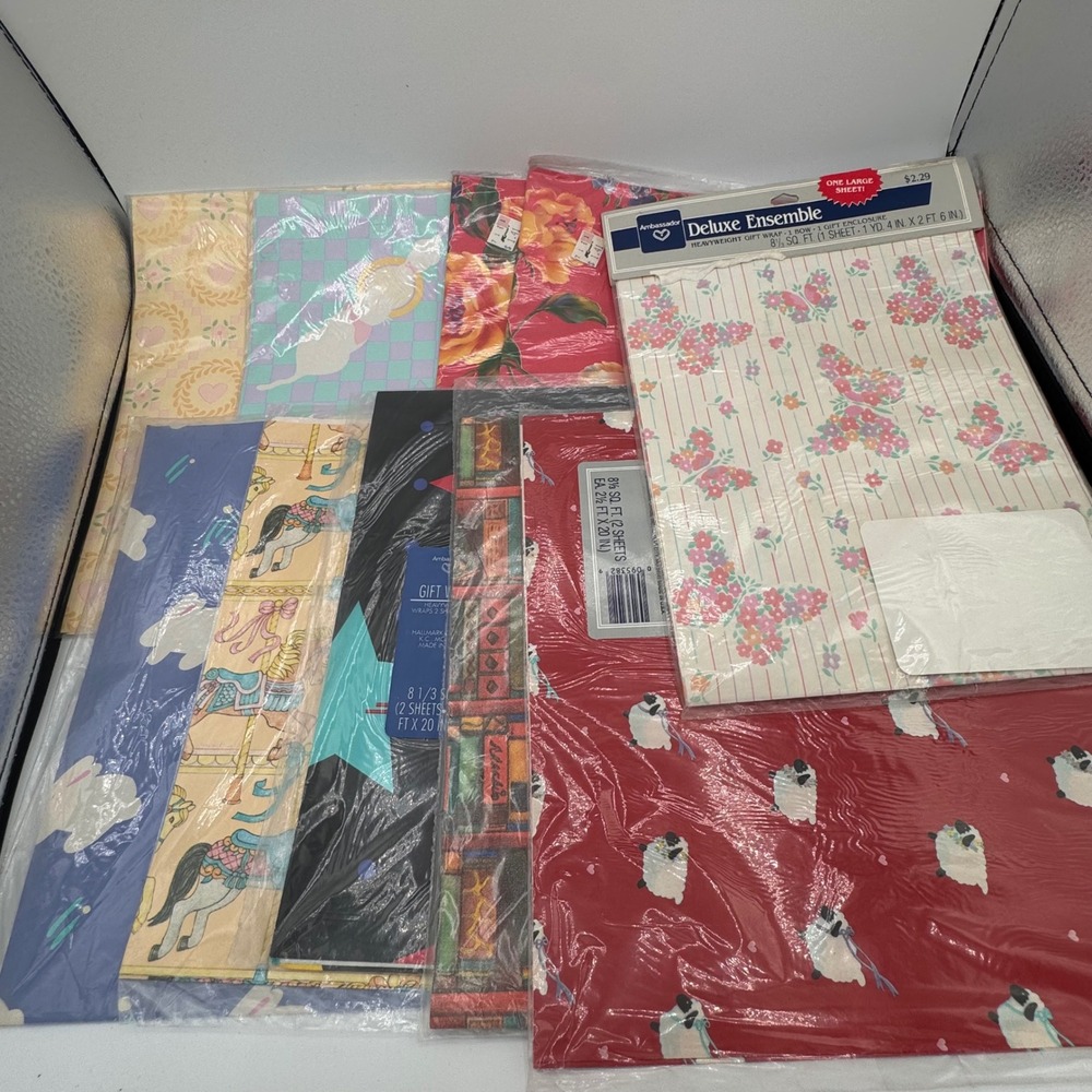 Vtg Ambassador Hallmark Gift Wrap Lot 10 Packs Carousel Sheep Cats Floral Star